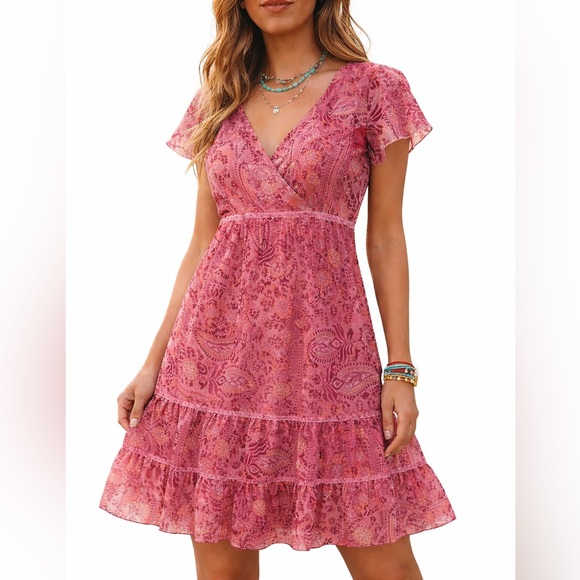 Dress Barn Dresses & Skirts - Vintage Y2K Dressbarn Paisley Tiered Boho Mini Dress Pink Made USA Small / Med